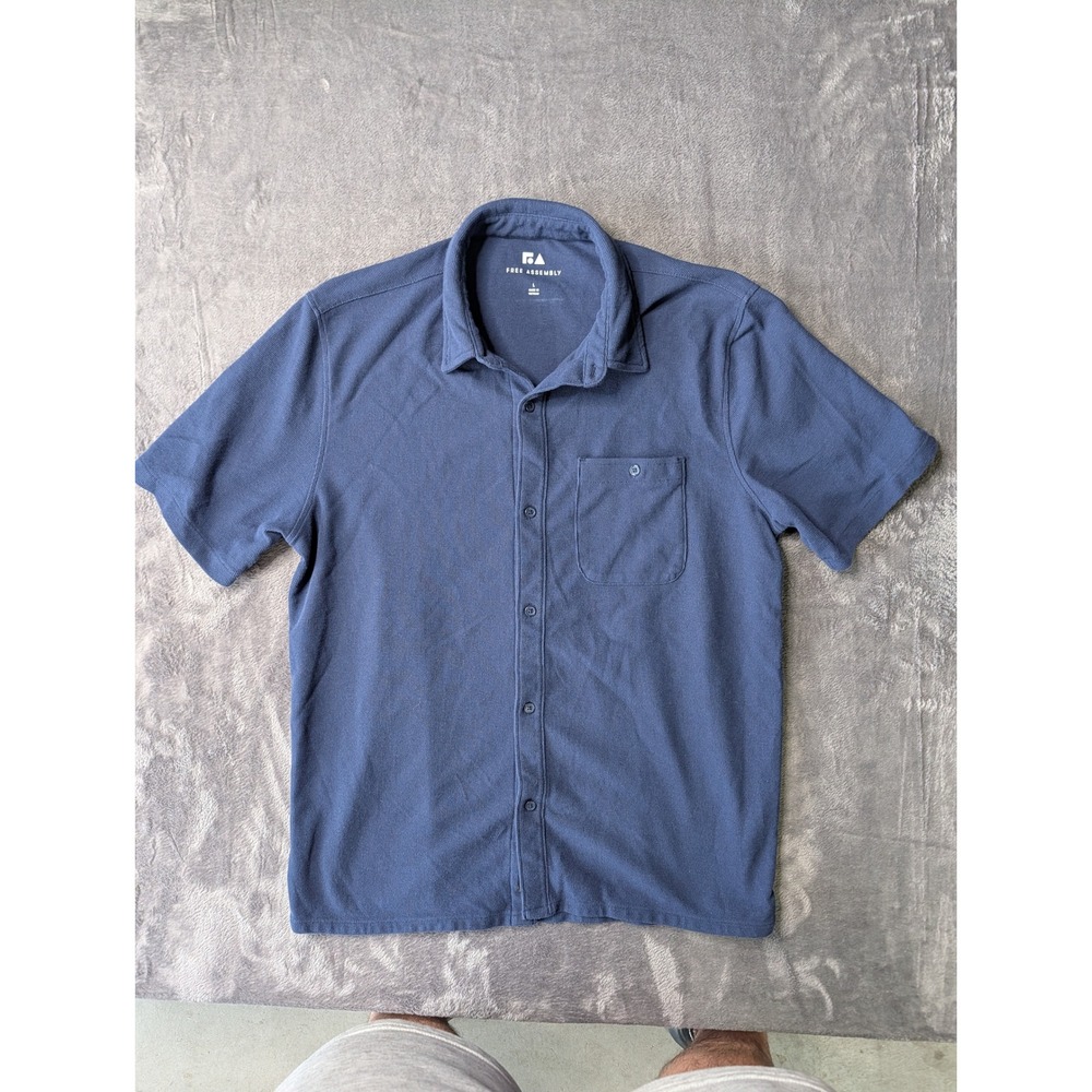 Free Assembly Mens Navy Blue Waffle Knit Short Sleeve Button Down Shirt Large